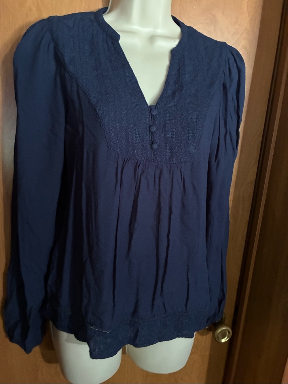 Navy Long-Sleeve Peasant Blouse - Women Tops
